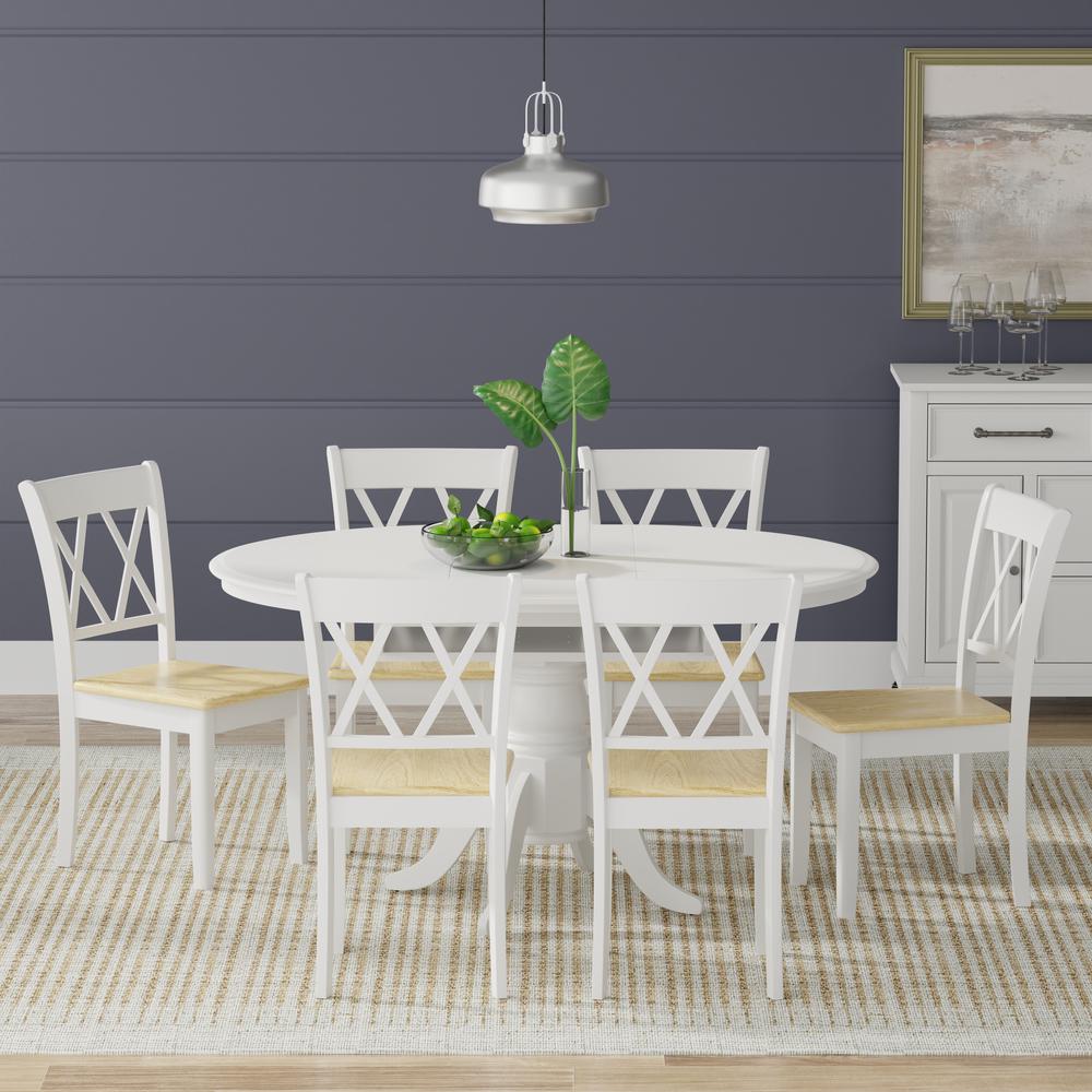 7PC Dining Set - Oval Butterfly Leaf Table -Wht + Wht/Nat Dbl X-Back Chairs. Picture 1