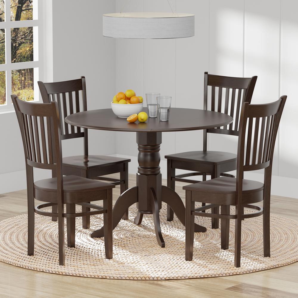 5PC Dining Set - 42" Rnd Dbl Drop-Leaf Table + Spindle Chairs - Dark Walnut. Picture 1