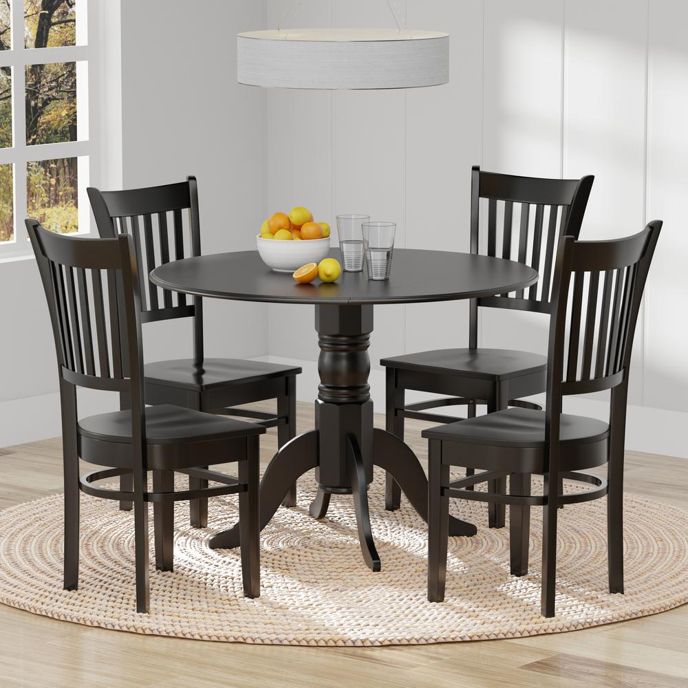 5PC Dining Set - 42" Rnd Dbl Drop-Leaf Table + Spindle Chairs -Blk. Picture 1