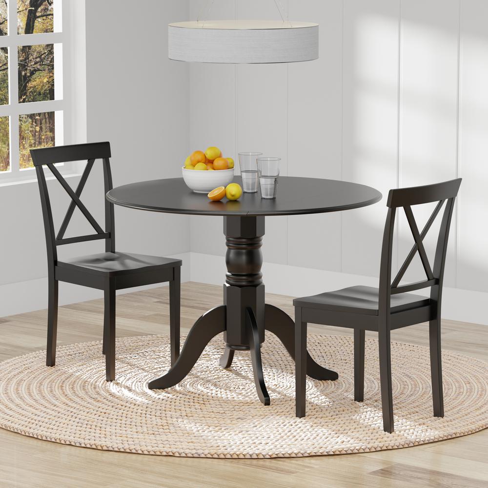3PC Dining Set - 42" Rnd Dbl Drop-Leaf Table + X-Back Chairs -Blk. Picture 1