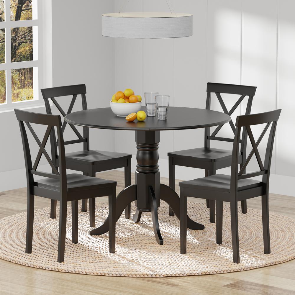 5PC Dining Set - 42" Rnd Dbl Drop-Leaf Table + X-Back Chairs -Blk. Picture 1