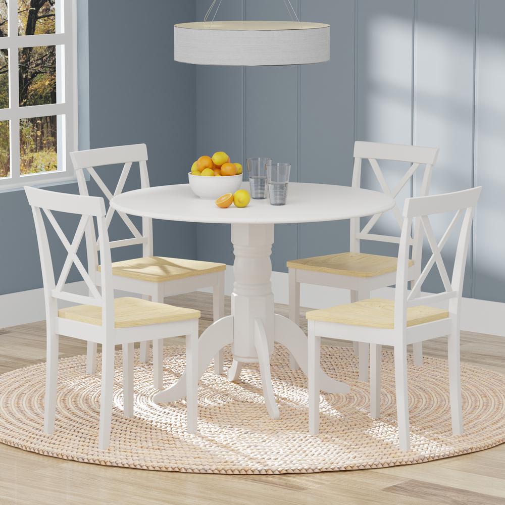 5PC Dining Set - 42" Rnd Dbl Drop-Leaf Table -Wht + Wht/Nat X-Back Chairs. Picture 1