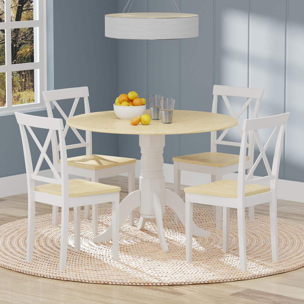 5PC Dining Set - 42" Rnd Dbl Drop-Leaf Table + X-Back Chairs -Wht/Nat. Picture 1