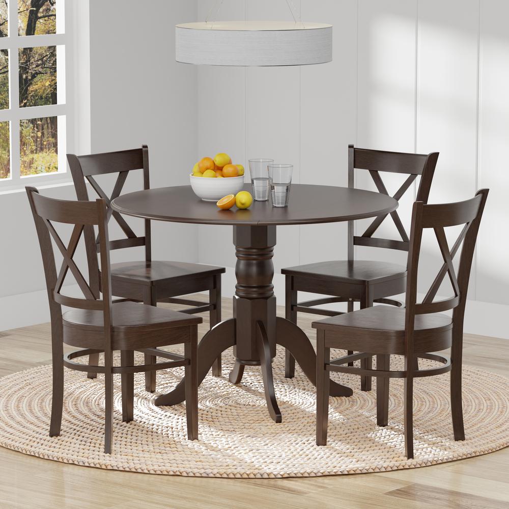 5PC Dining Set - 42" Rnd Dbl Drop-Leaf Table + Cross Back Chairs - Dark Walnut. Picture 1