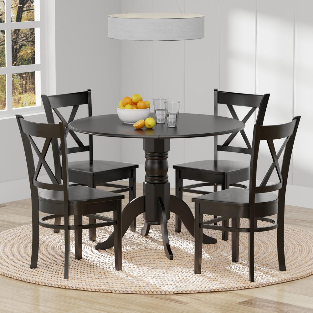 5PC Dining Set - 42" Rnd Dbl Drop-Leaf Table + Cross Back Chairs -Blk. Picture 1