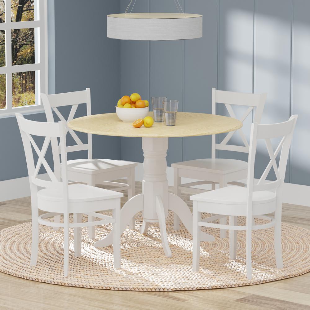 5PC Dining Set - 42" Rnd Dbl Drop-Leaf Table -Wht/Nat + Wht Cross Back Chairs. Picture 1