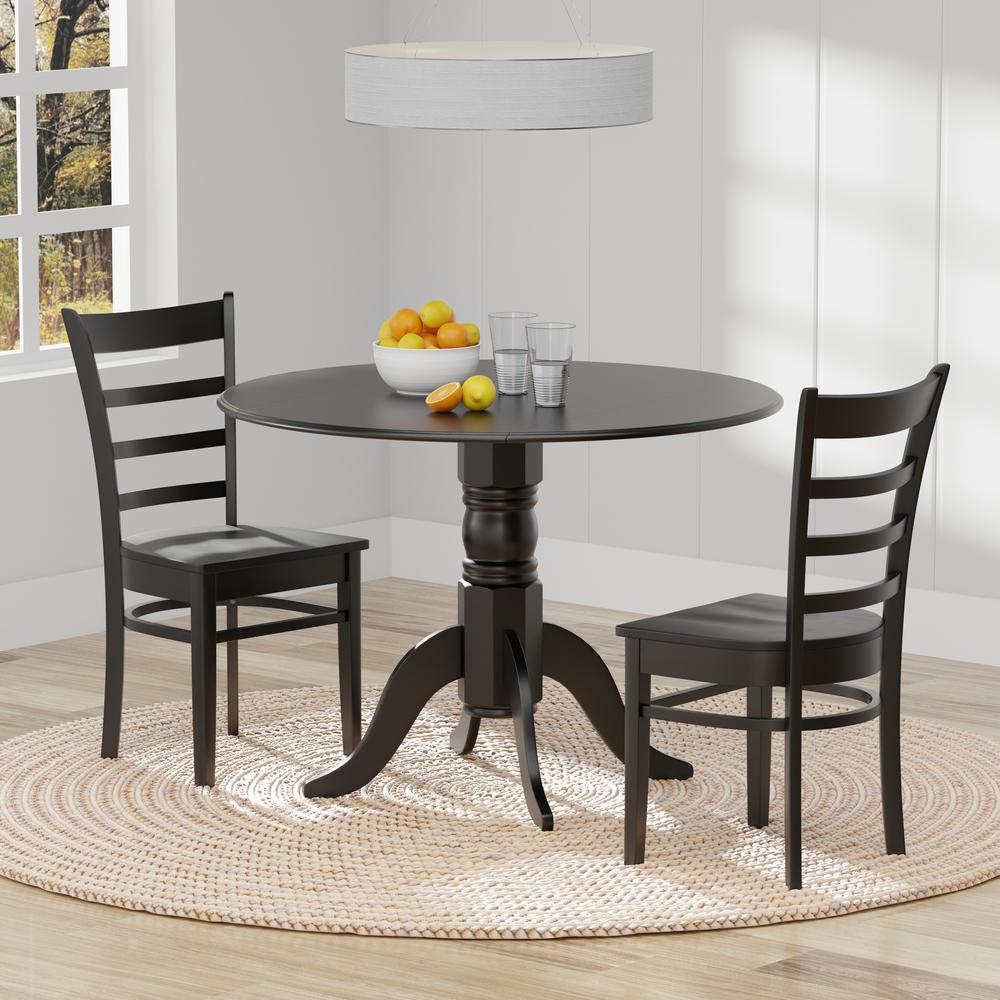 3PC Dining Set - 42" Rnd Dbl Drop-Leaf Table + Slat Back Chairs -Blk. Picture 1