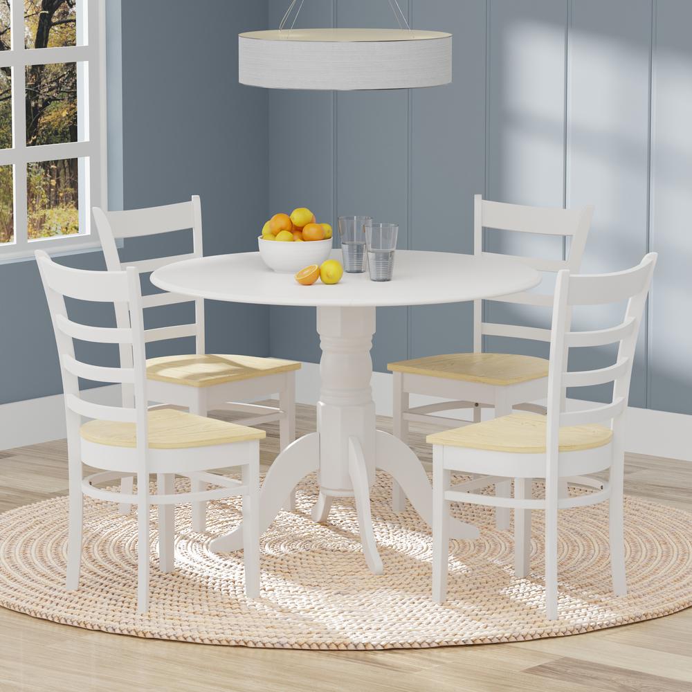 5PC Dining Set - 42" Rnd Dbl Drop-Leaf Table -Wht + Wht/Nat Slat Back Chairs. Picture 1