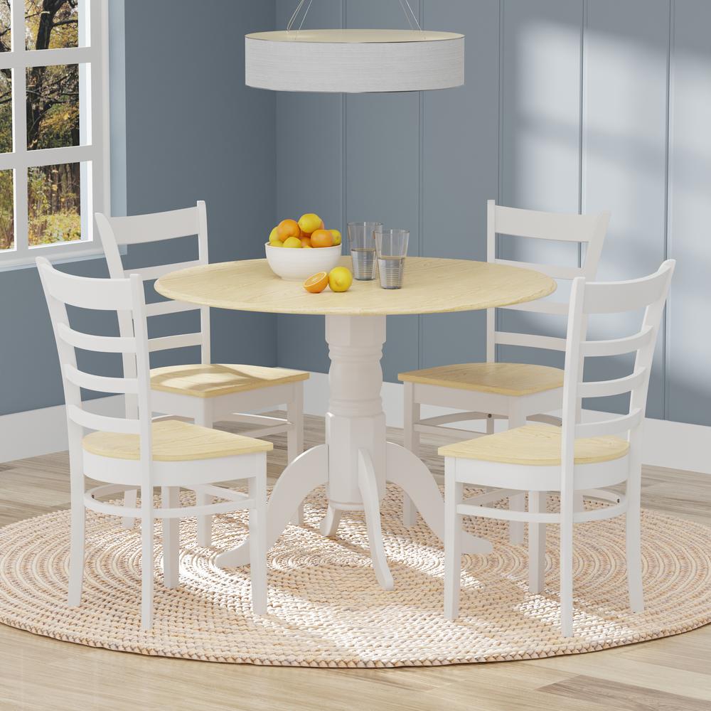 5PC Dining Set - 42" Rnd Dbl Drop-Leaf Table + Slat Back Chairs -Wht/Nat. Picture 1