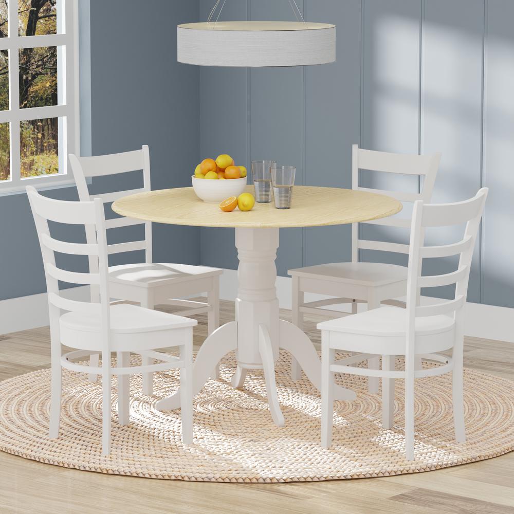 5PC Dining Set - 42" Rnd Dbl Drop-Leaf Table -Wht/Nat + Wht Slat Back Chairs. Picture 1