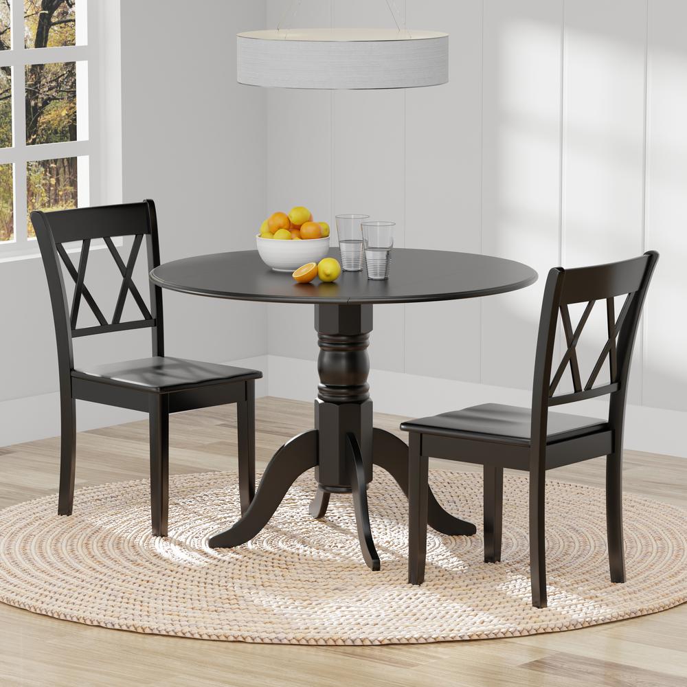 3PC Dining Set - 42" Rnd Dbl Drop-Leaf Table + Dbl X-Back Chairs -Blk. Picture 1