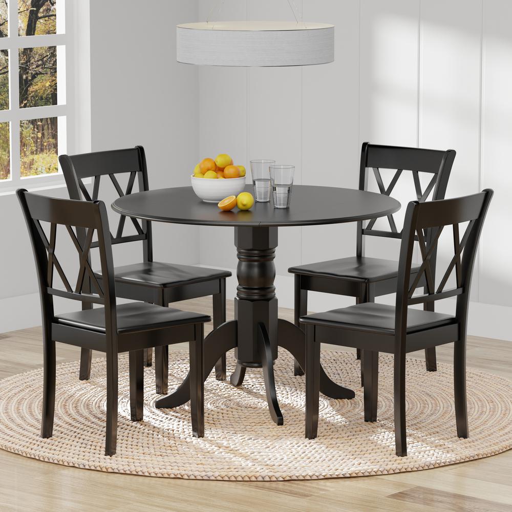 5PC Dining Set - 42" Rnd Dbl Drop-Leaf Table + Dbl X-Back Chairs -Blk. Picture 1