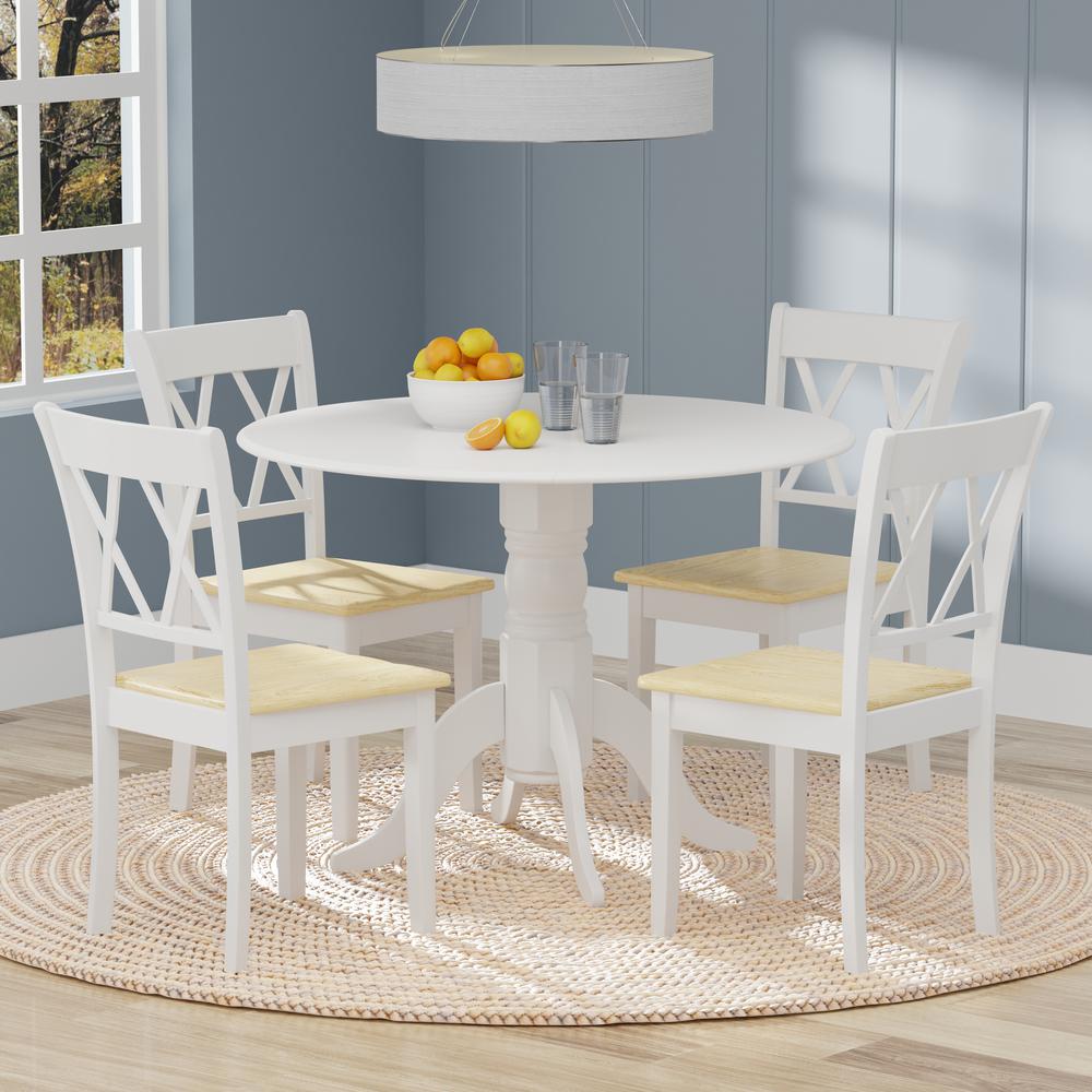 5PC Dining Set - 42" Rnd Dbl Drop-Leaf Table -Wht + Wht/Nat Dbl X-Back Chairs. Picture 1