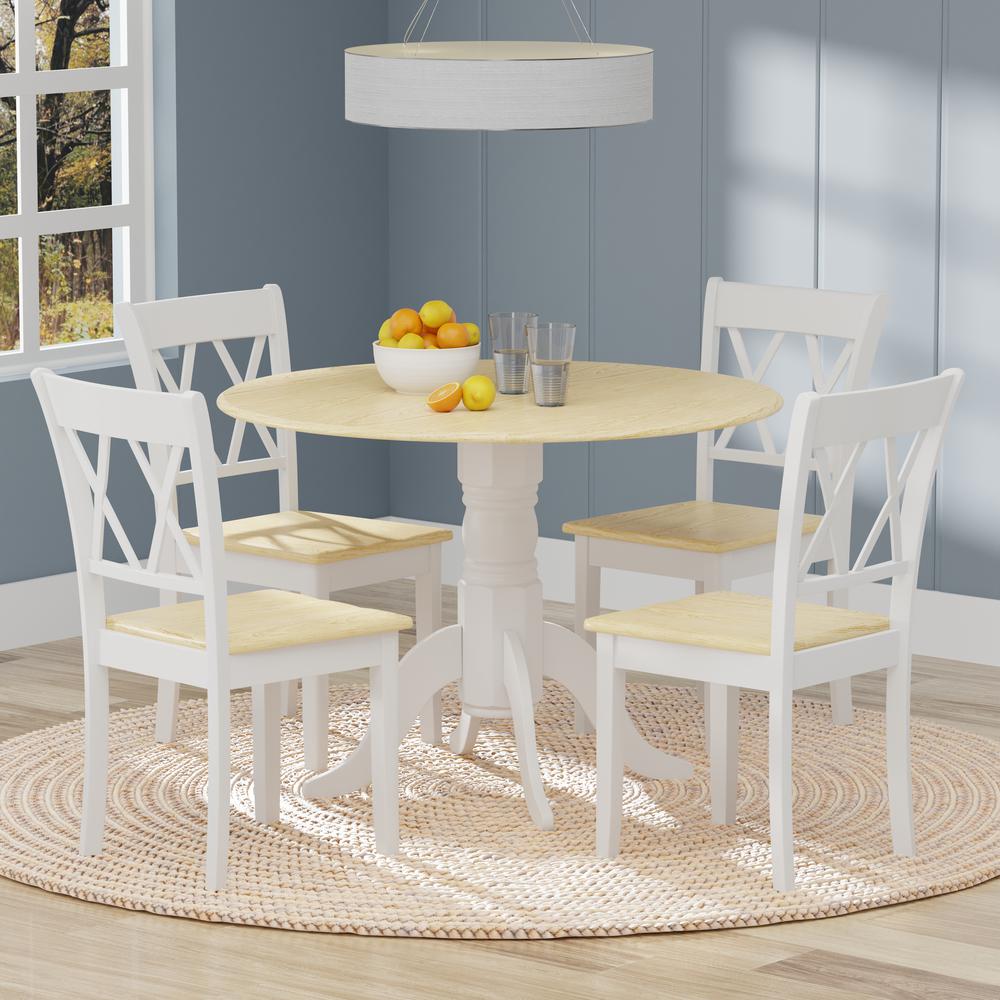 5PC Dining Set - 42" Rnd Dbl Drop-Leaf Table + Dbl X-Back Chairs -Wht/Nat. Picture 1