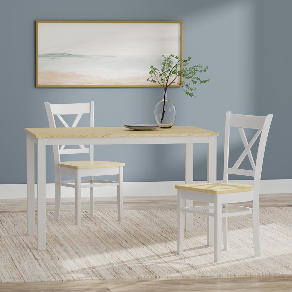 3PC Dining Set - 48" Wood Table + Cross Back Chairs -Wht/Nat. Picture 1