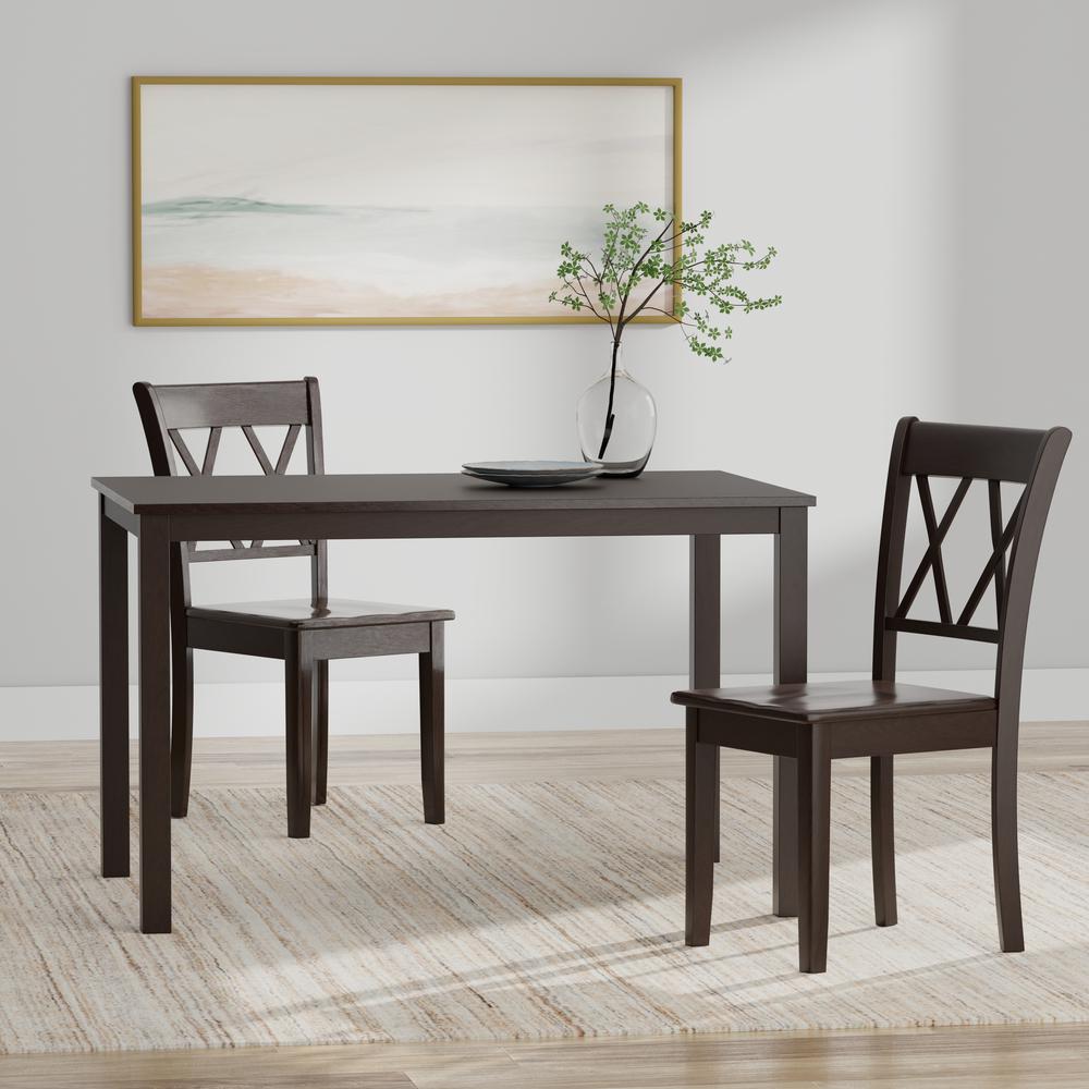 3PC Dining Set - 48" Wood Table + Dbl X-Back Chairs - Dark Walnut. Picture 1