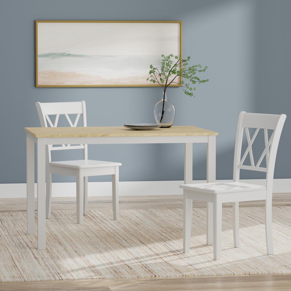 3PC Dining Set - 48" Wood Table -Wht/Nat + Wht Dbl X-Back Chairs. Picture 1
