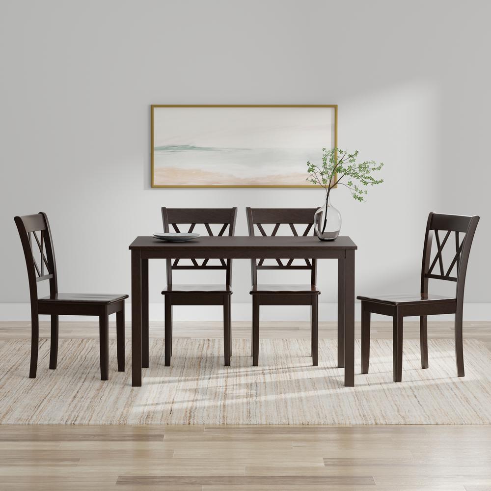 5PC Dining Set - 48" Wood Table + Dbl X-Back Chairs - Dark Walnut. Picture 1