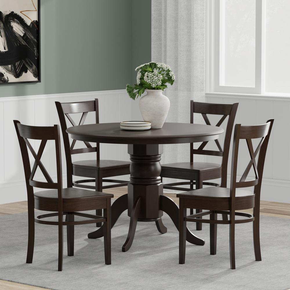 5PC Dining Set - 42" Rnd Pedestal Table + Cross Back Chairs - Dark Walnut. Picture 1
