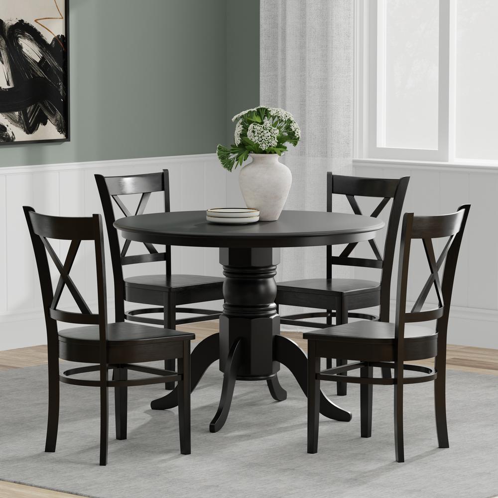 5PC Dining Set - 42" Rnd Pedestal Table + Cross Back Chairs -Blk. Picture 1