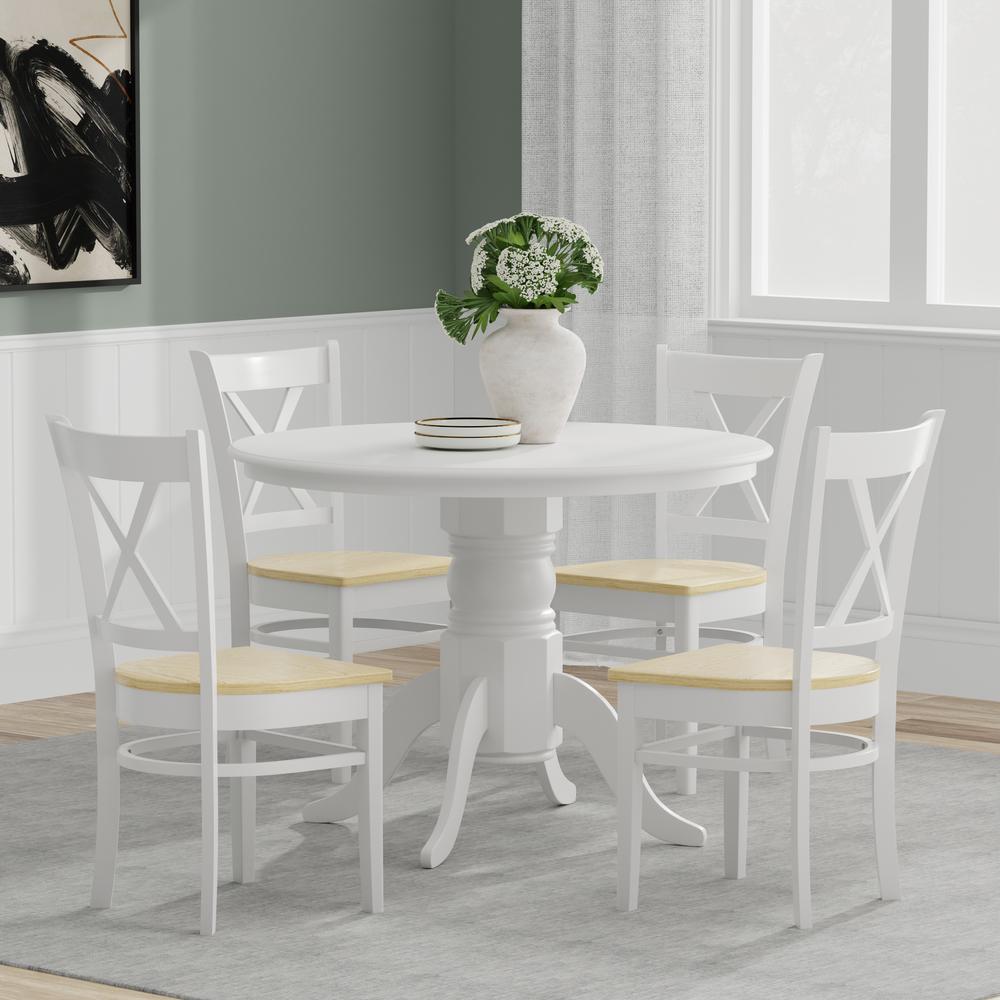 5PC Dining Set - 42" Rnd Pedestal Table -Wht + Wht/Nat Cross Back Chairs. Picture 1