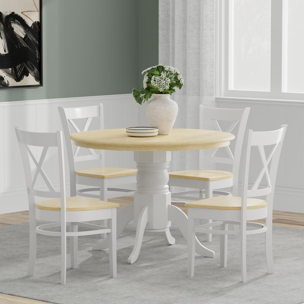 5PC Dining Set - 42" Rnd Pedestal Table + Cross Back Chairs -Wht/Nat. Picture 1