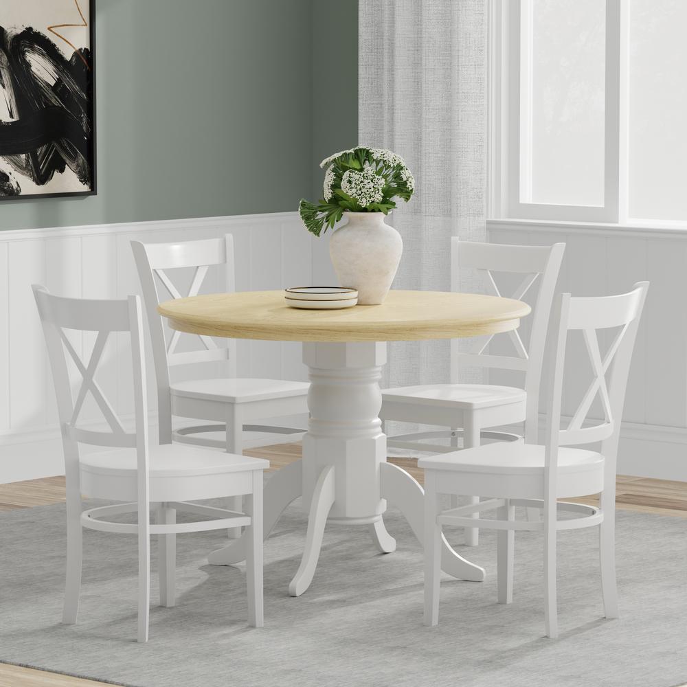 5PC Dining Set - 42" Rnd Pedestal Table -Wht/Nat + Wht Cross Back Chairs. Picture 1