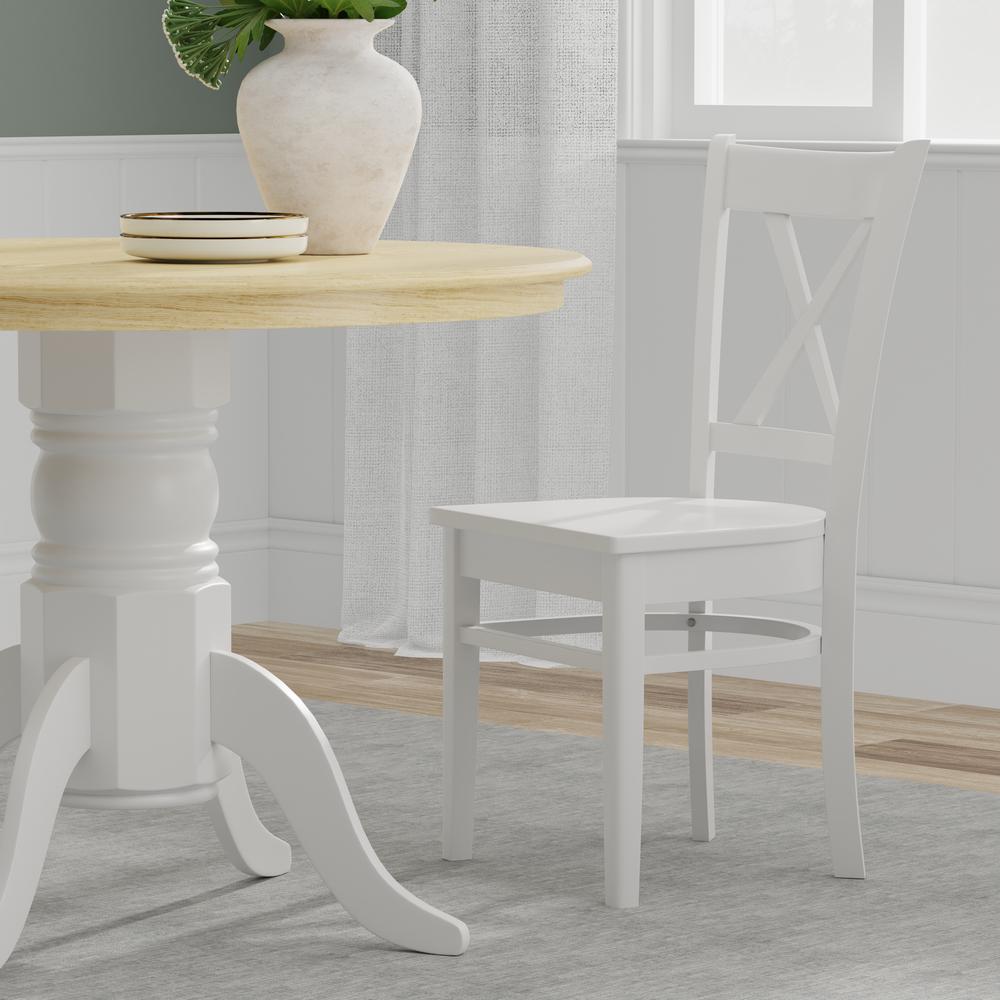 5PC Dining Set - 42" Rnd Pedestal Table -Wht/Nat + Wht Cross Back Chairs. Picture 7