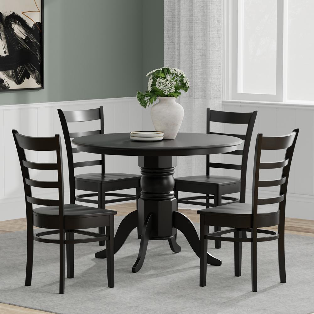 5PC Dining Set - 42" Rnd Pedestal Table + Slat Back Chairs -Blk. Picture 1