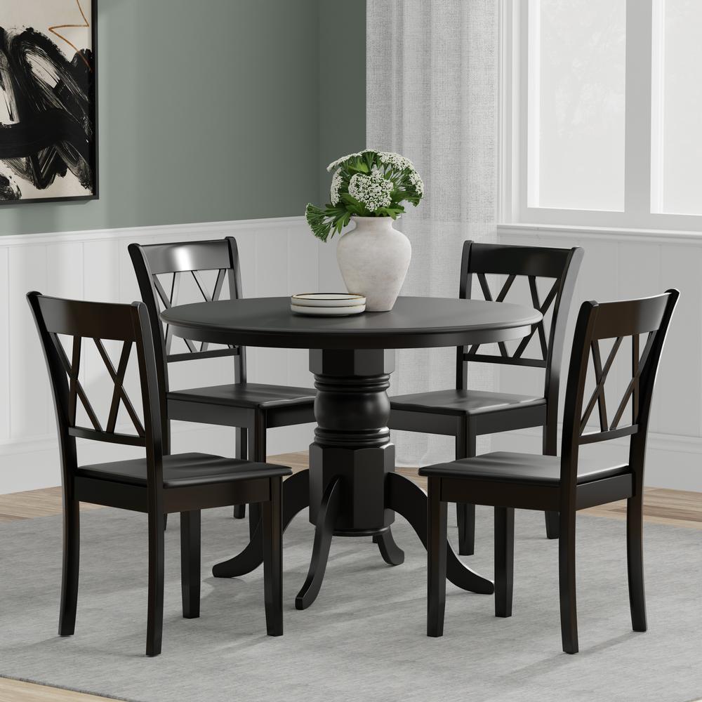 5PC Dining Set - 42" Rnd Pedestal Table + Dbl X-Back Chairs -Blk. Picture 1