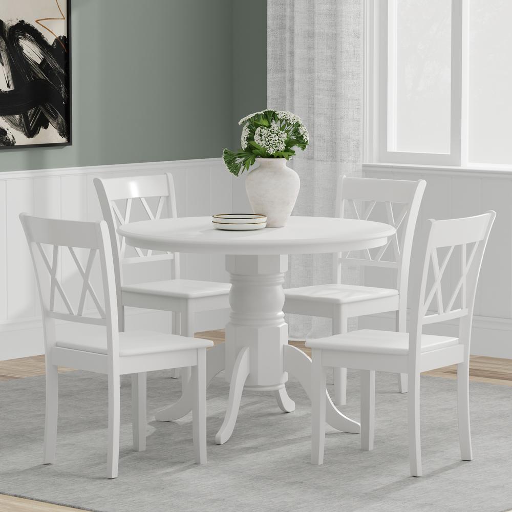 5PC Dining Set - 42" Rnd Pedestal Table + Dbl X-Back Chairs -Wht. Picture 1