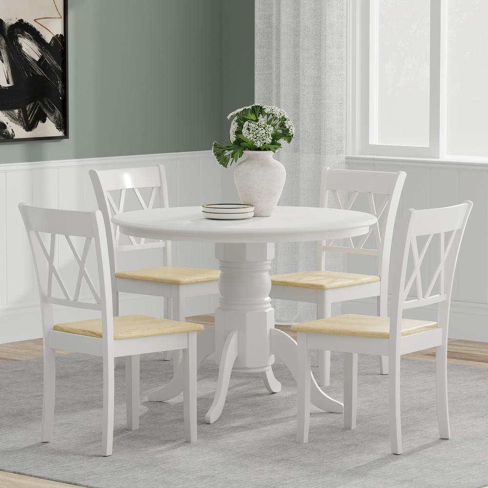5PC Dining Set - 42" Rnd Pedestal Table -Wht + Wht/Nat Dbl X-Back Chairs. Picture 1