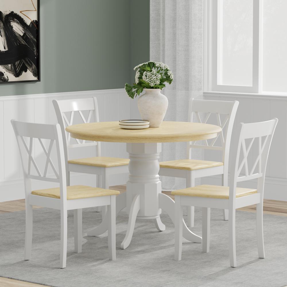 5PC Dining Set - 42" Rnd Pedestal Table + Dbl X-Back Chairs -Wht/Nat. Picture 1