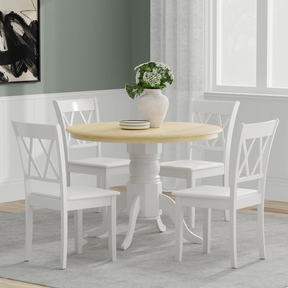 5PC Dining Set - 42" Rnd Pedestal Table -Wht/Nat + Wht Dbl X-Back Chairs. Picture 1