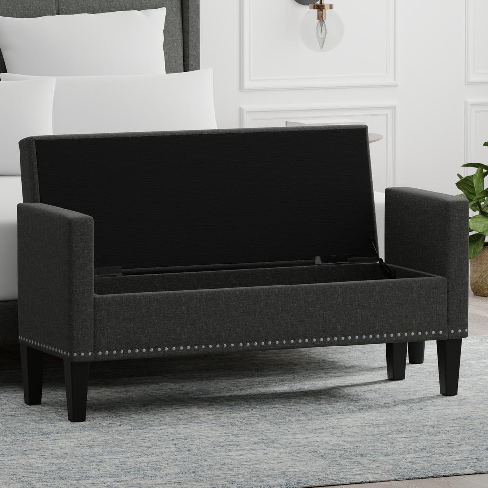 52" Upholstered Storage Bench w/ Nailhead Trim - Dark Grey. Picture 2