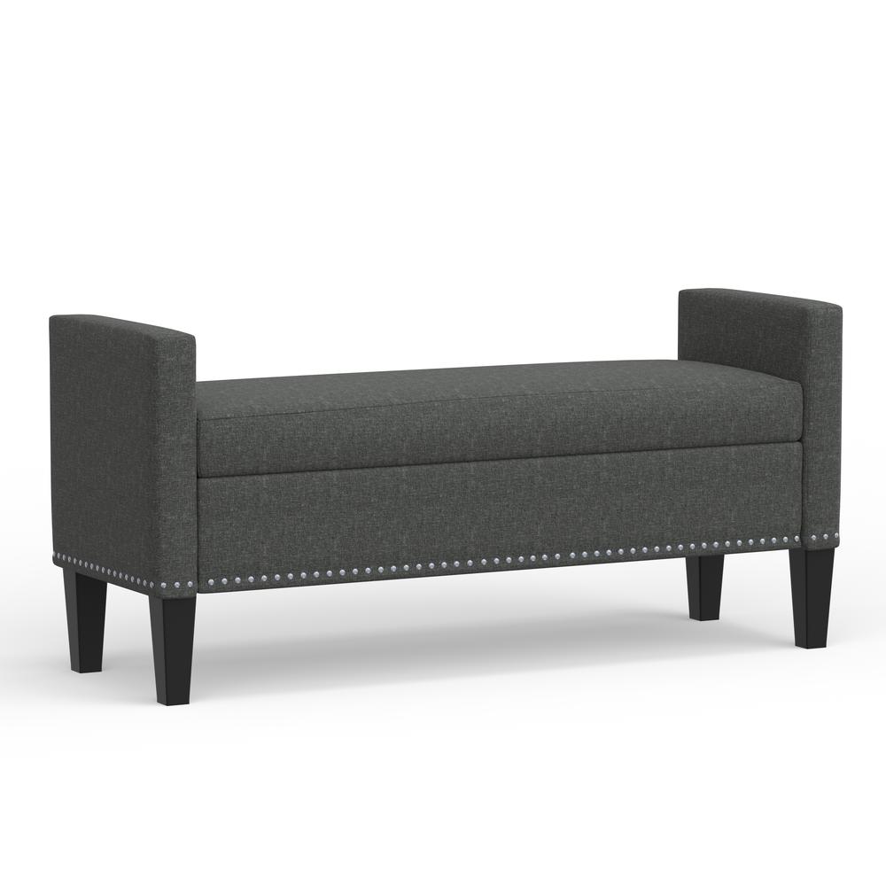 52" Upholstered Storage Bench w/ Nailhead Trim - Dark Grey. Picture 4