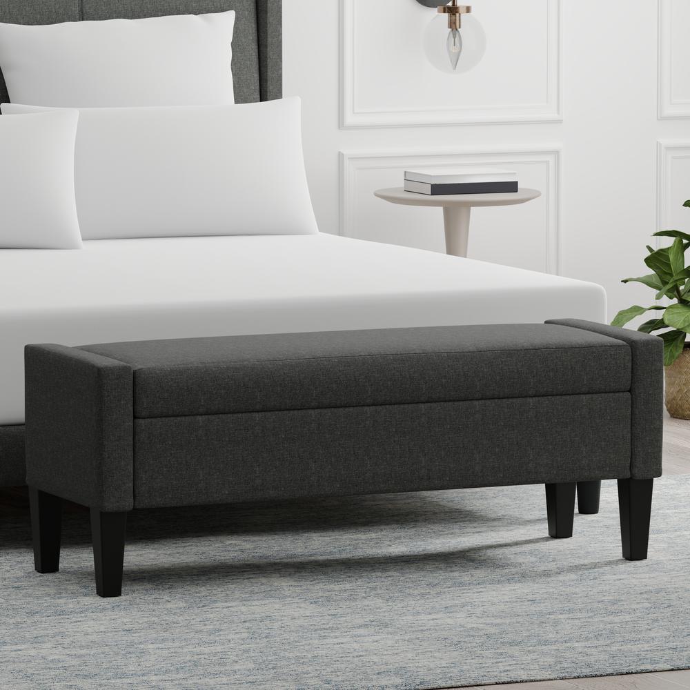 52" Upholstered Storage Bench w/ Truncated Arms - Dark Grey. Picture 1