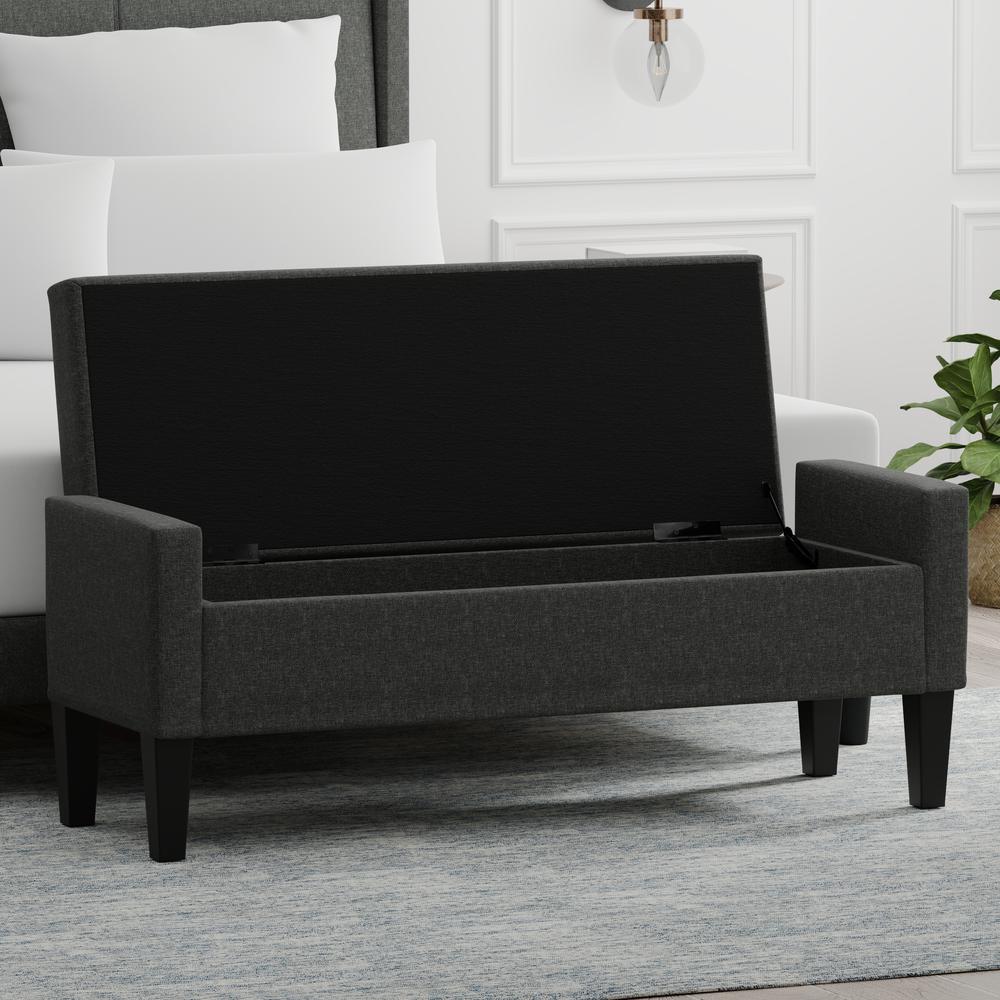 52" Upholstered Storage Bench w/ Truncated Arms - Dark Grey. Picture 2