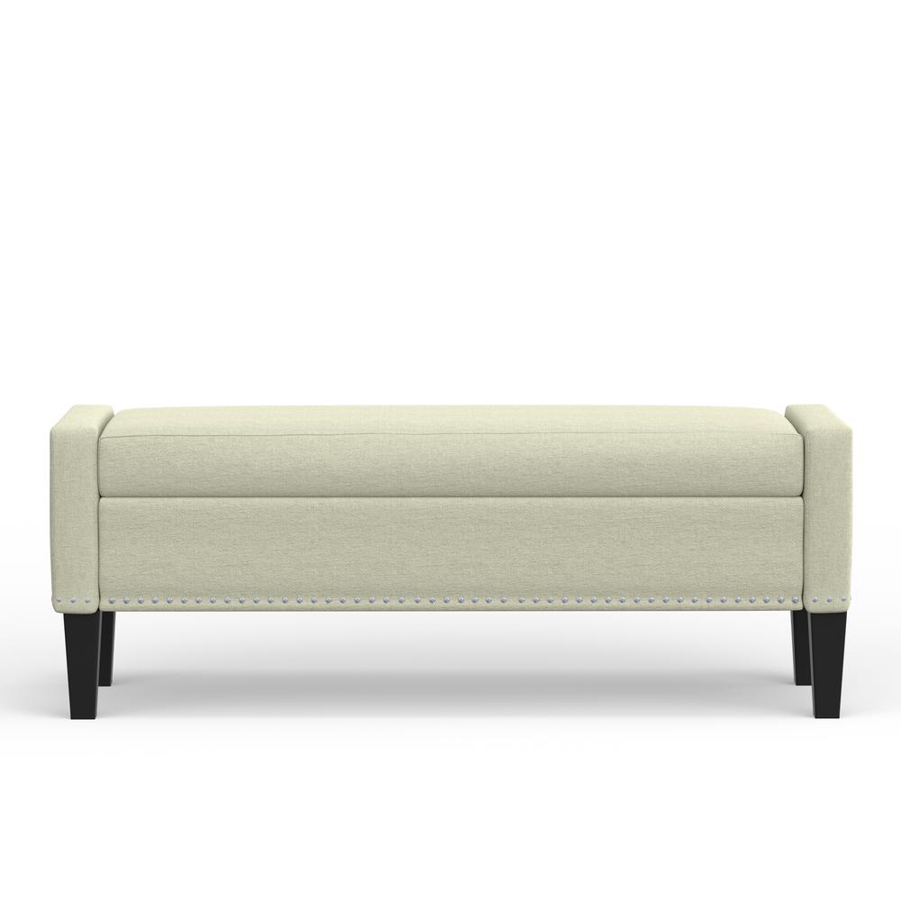 52" Upholstered Storage Bench w/ Truncated Arms and Nailhead Trim - Beige. Picture 6