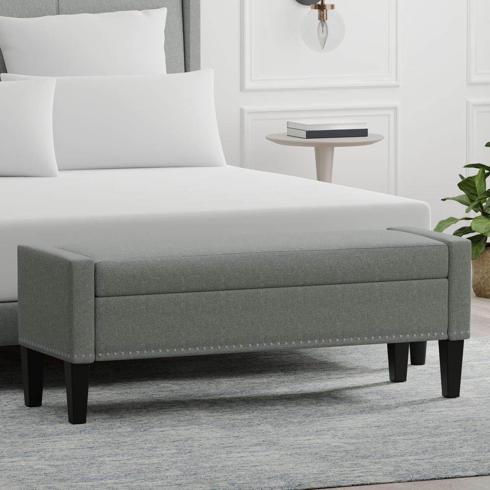 52" Upholstered Storage Bench w/ Truncated Arms and Nailhead Trim - Light Grey. Picture 1