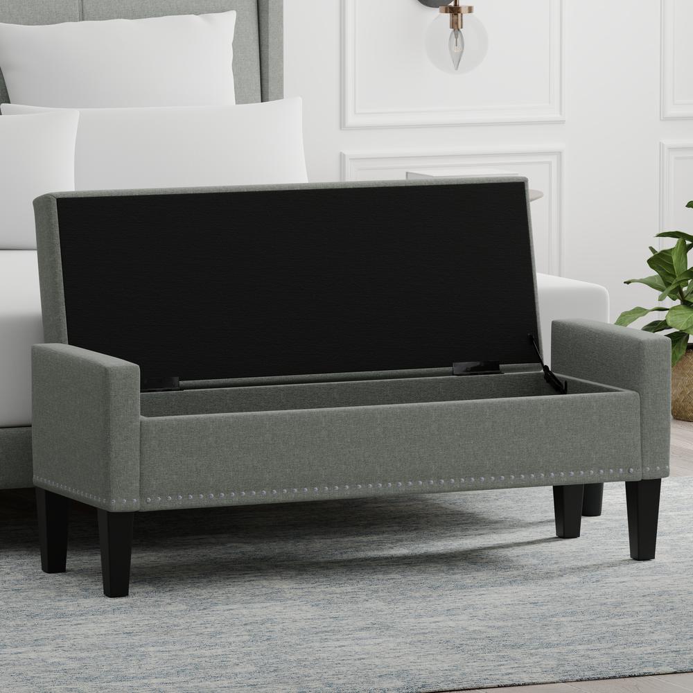 52" Upholstered Storage Bench w/ Truncated Arms and Nailhead Trim - Light Grey. Picture 2