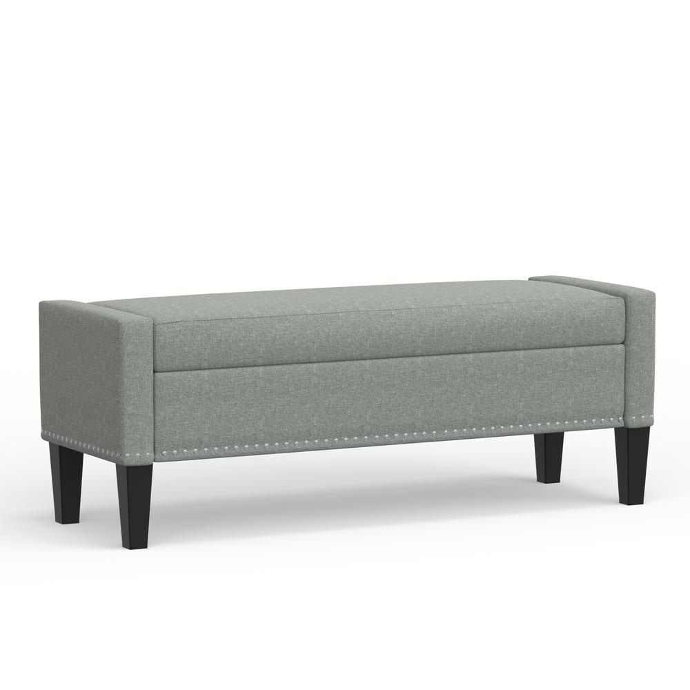52" Upholstered Storage Bench w/ Truncated Arms and Nailhead Trim - Light Grey. Picture 4