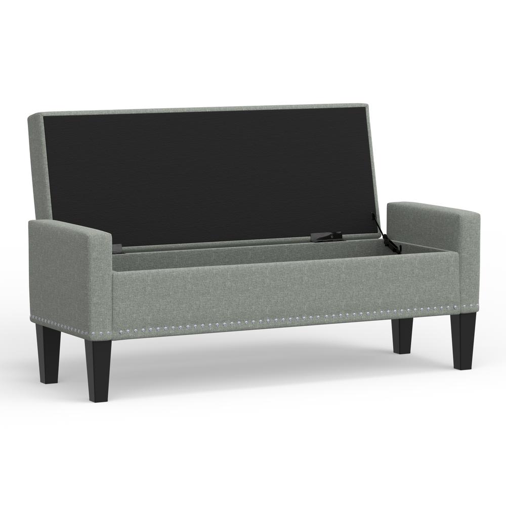 52" Upholstered Storage Bench w/ Truncated Arms and Nailhead Trim - Light Grey. Picture 5