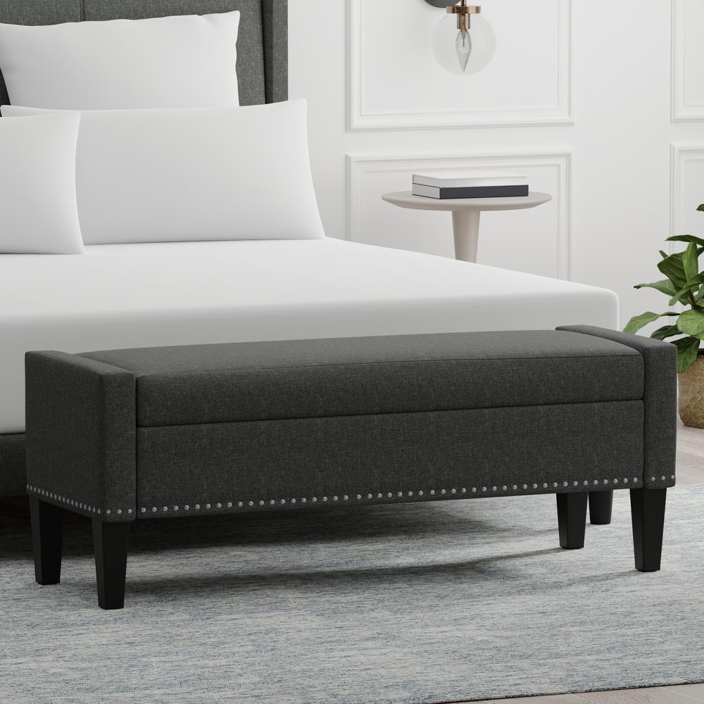 52" Upholstered Storage Bench w/ Truncated Arms and Nailhead Trim - Dark Grey. Picture 1