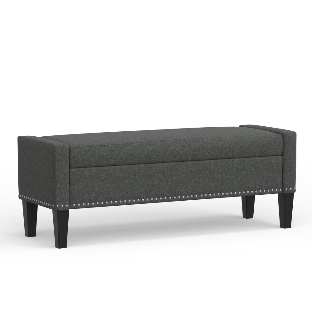 52" Upholstered Storage Bench w/ Truncated Arms and Nailhead Trim - Dark Grey. Picture 4