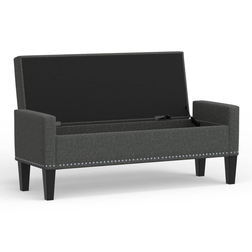 52" Upholstered Storage Bench w/ Truncated Arms and Nailhead Trim - Dark Grey. Picture 5