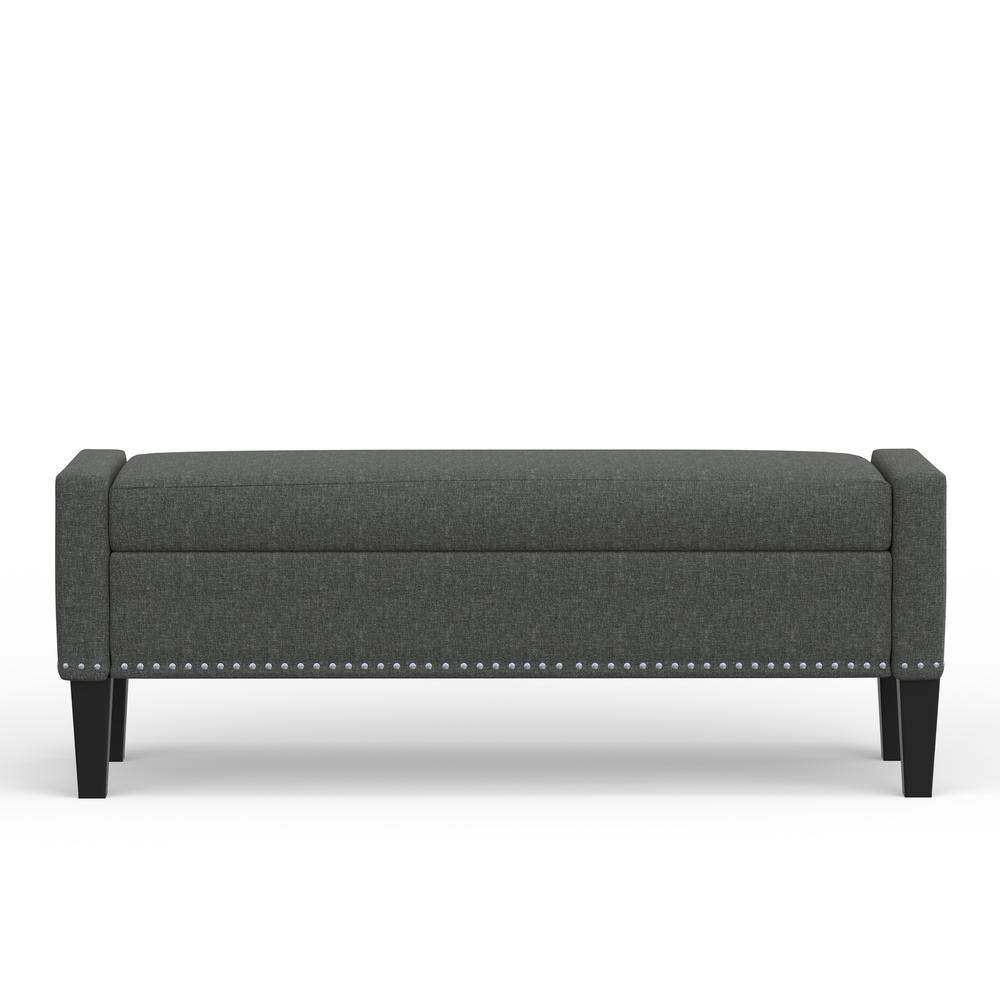 52" Upholstered Storage Bench w/ Truncated Arms and Nailhead Trim - Dark Grey. Picture 6