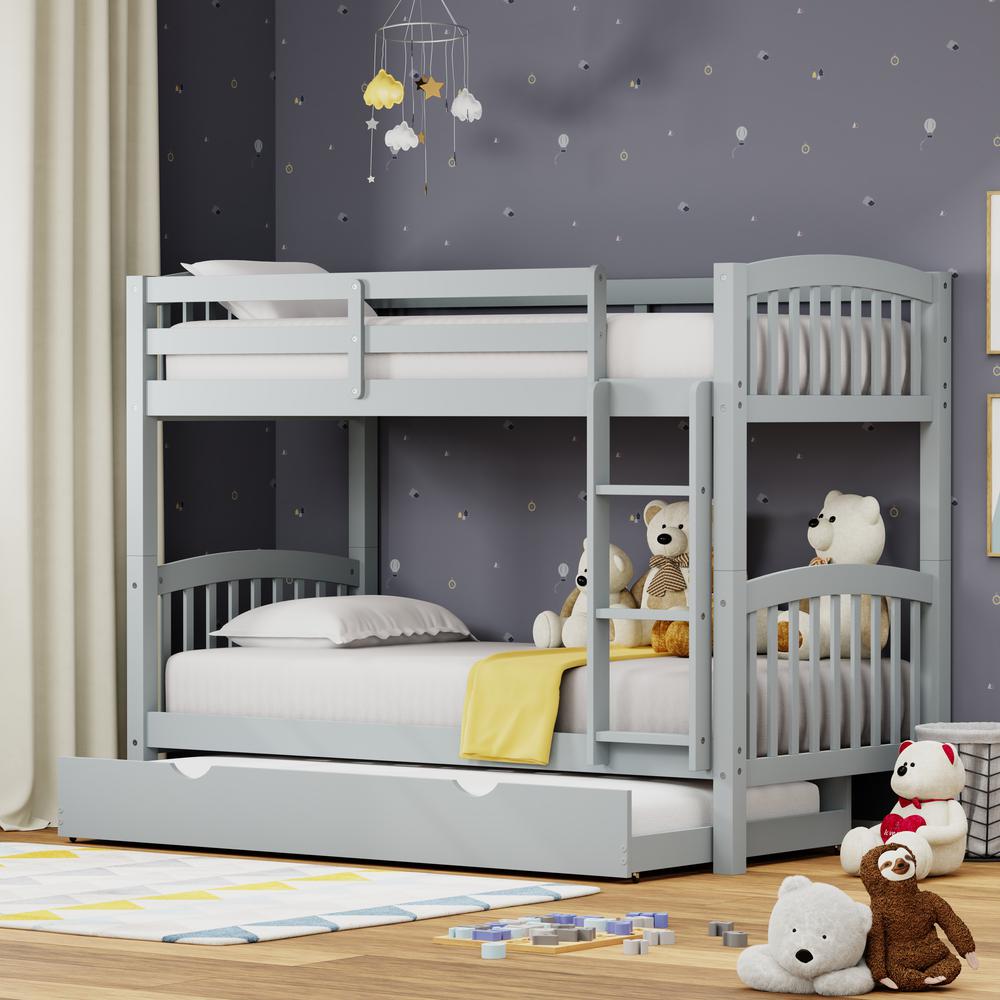 Arca Wood Twin/Twin Bunk Bed & Trundle - Light Grey. Picture 1