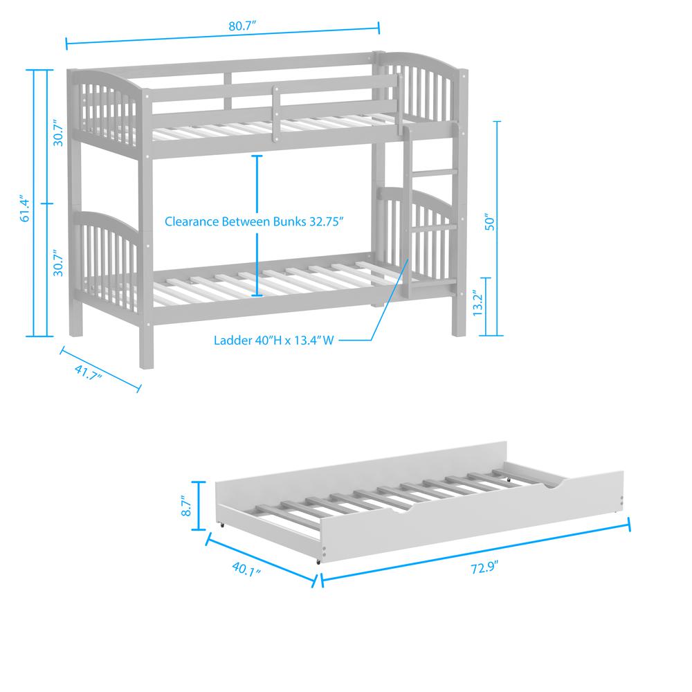 Arca Wood Twin/Twin Bunk Bed & Trundle - Light Grey. Picture 8