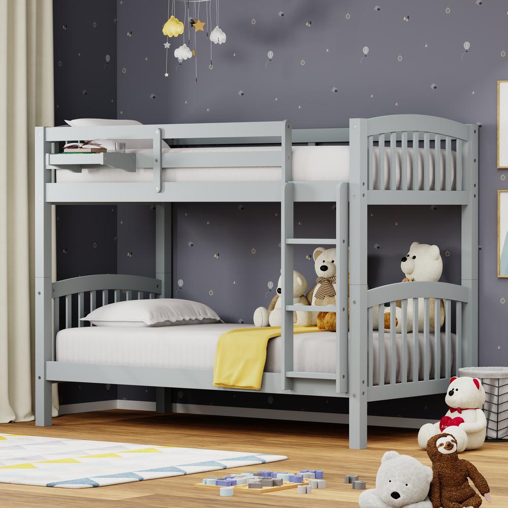 Arca Wood Twin/Twin Bunk Bed & Hanging Nightstand - Light Grey. Picture 1